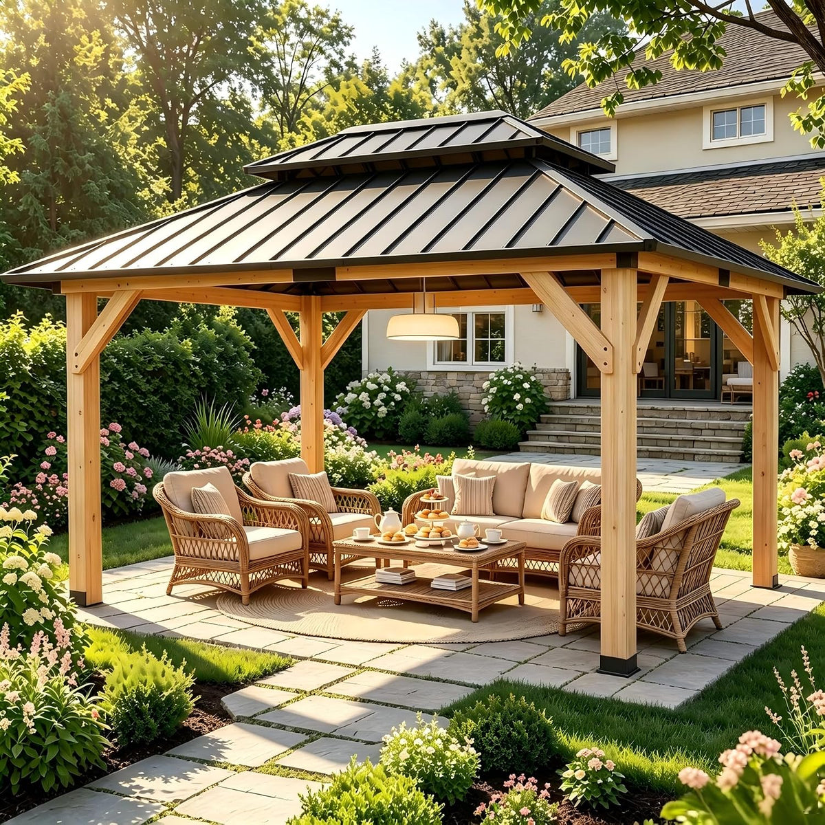 10' x 12' Wooden Gazebo,Patio Hardtop Gazebo Wood,DIY Color Permanent Pavilion with Galvanized Steel Double Metal Roof