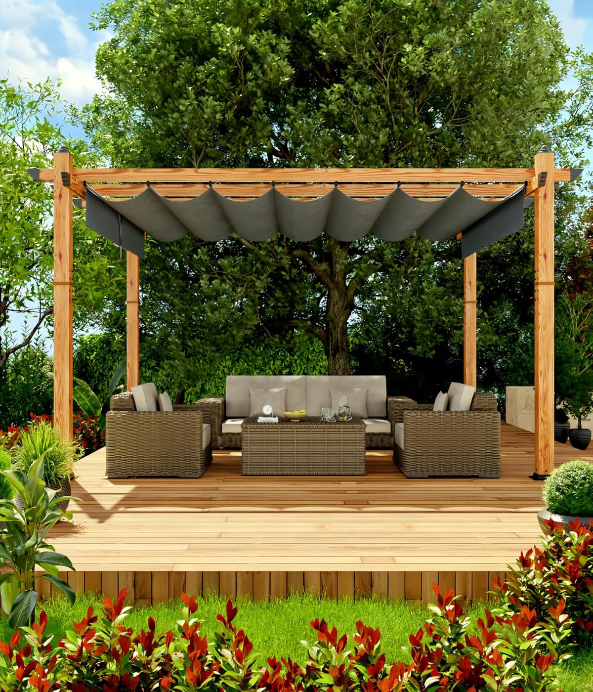 10' X 13' Outdoor Pergola with Retractable Canopy Aluminum Pergola Faux Wood Metal Pergolas Gazebo for Backyard, Deck