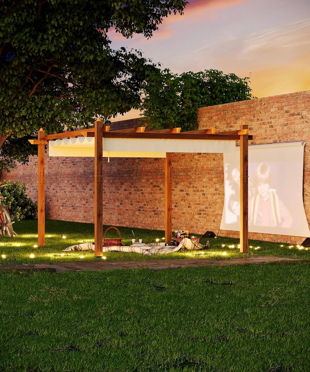 10 x 13 ft Wood-Grain Aluminum Pergola Outdoor Pergola with Retractable Canopy Sun Shade Shelter for Garden