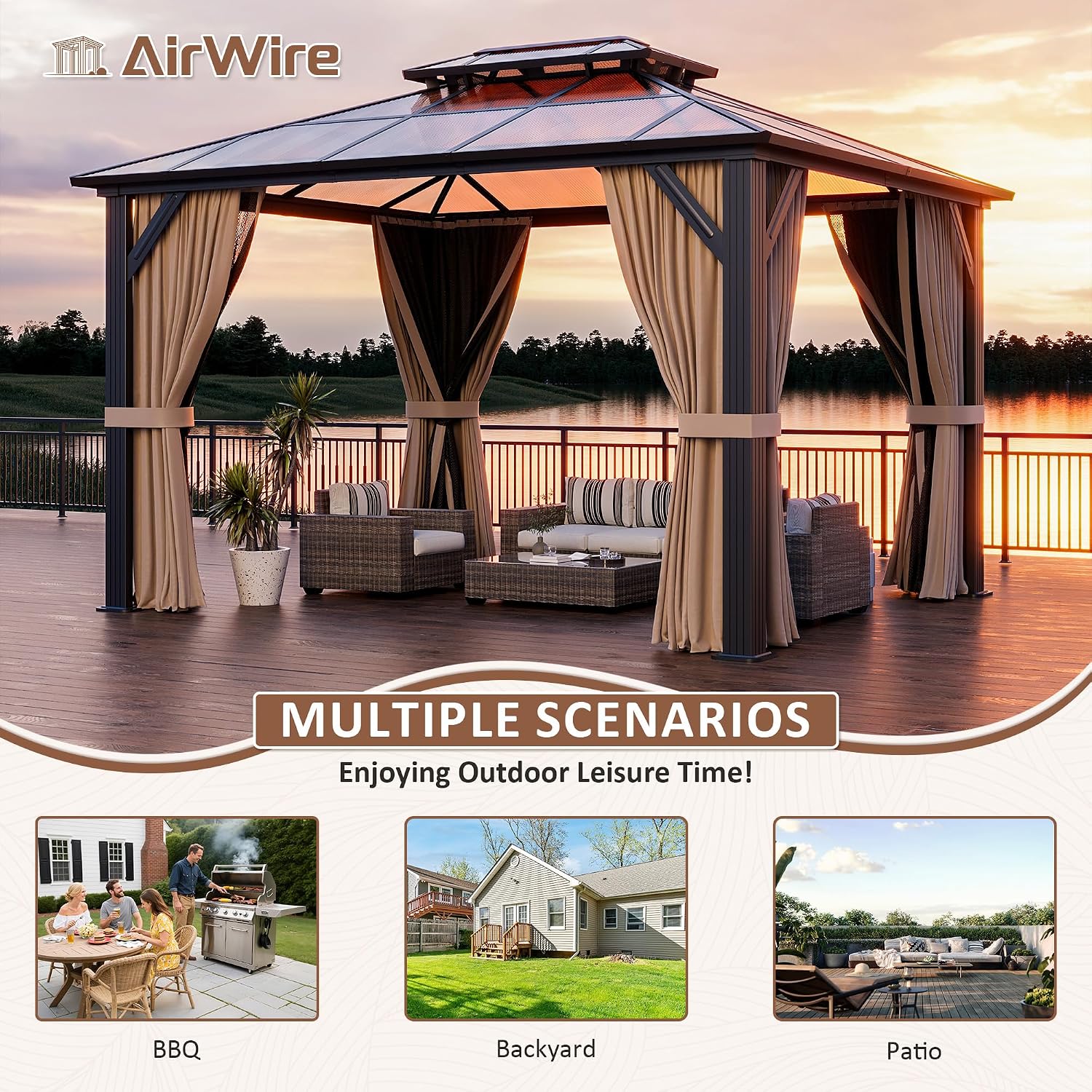 10'x12' Aluminum Polycarbonate Roof Gazebo Brown | Outdoor Hardtop Pergola with Aluminum Frame, Curtains and Netting