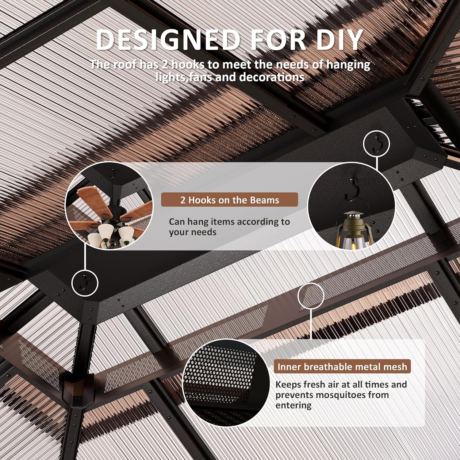 10'x12' Aluminum Polycarbonate Roof Gazebo Brown | Outdoor Hardtop Pergola with Aluminum Frame, Curtains and Netting